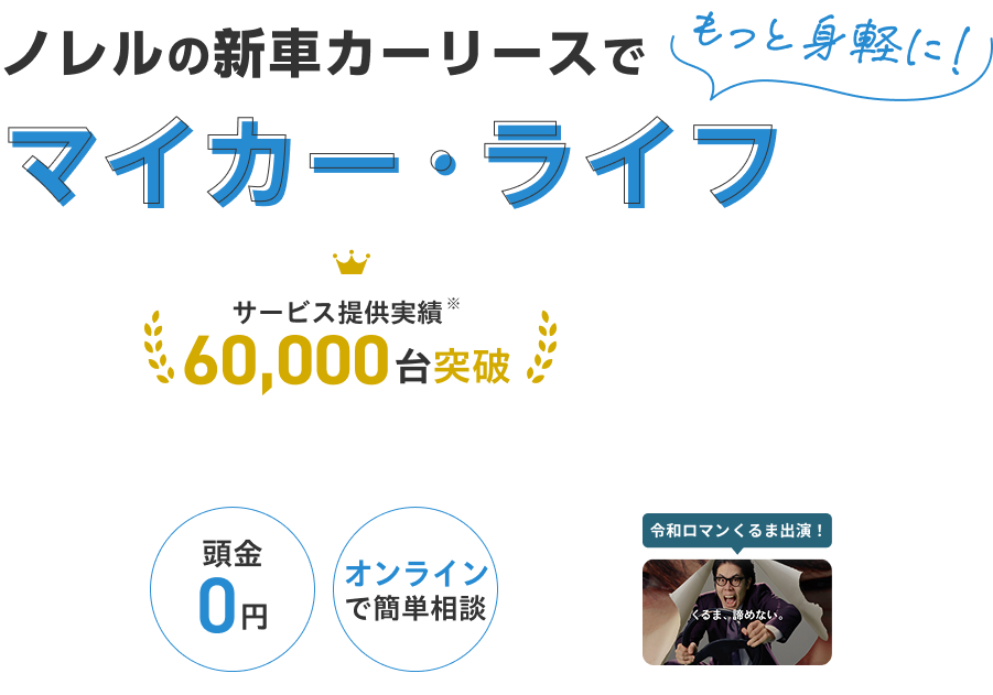 ノレルの新車カーリースでもっと身軽に！マイカー・ライフ[サービス提供実績※(1)20,000台突破][頭金0円][納車日まで使える中古車レンタカーを最短即日納車※(3)][オンラインで簡単相談]