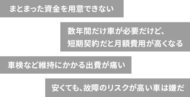 まとまった資金を用意できない 車検や税金のまとまった出費が痛い 頭金を貯めるのに時間がかかる 住宅ローンなどの支払いがあるから車に関わる出費はできるだけ抑えたい