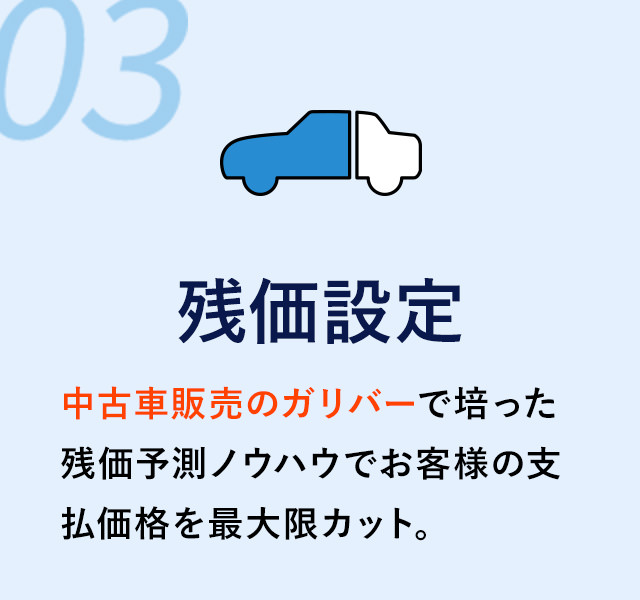 残価設定 中古車販売のガリバーで培った残価予測ノウハウでお客様の支払価格を最大限カット。