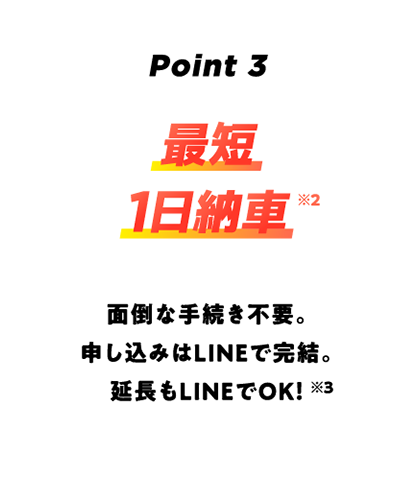 Point3 最短1日納車※2 面倒な手続き不要。申し込みはLINEで完結。延長もLINEでOK!※3
